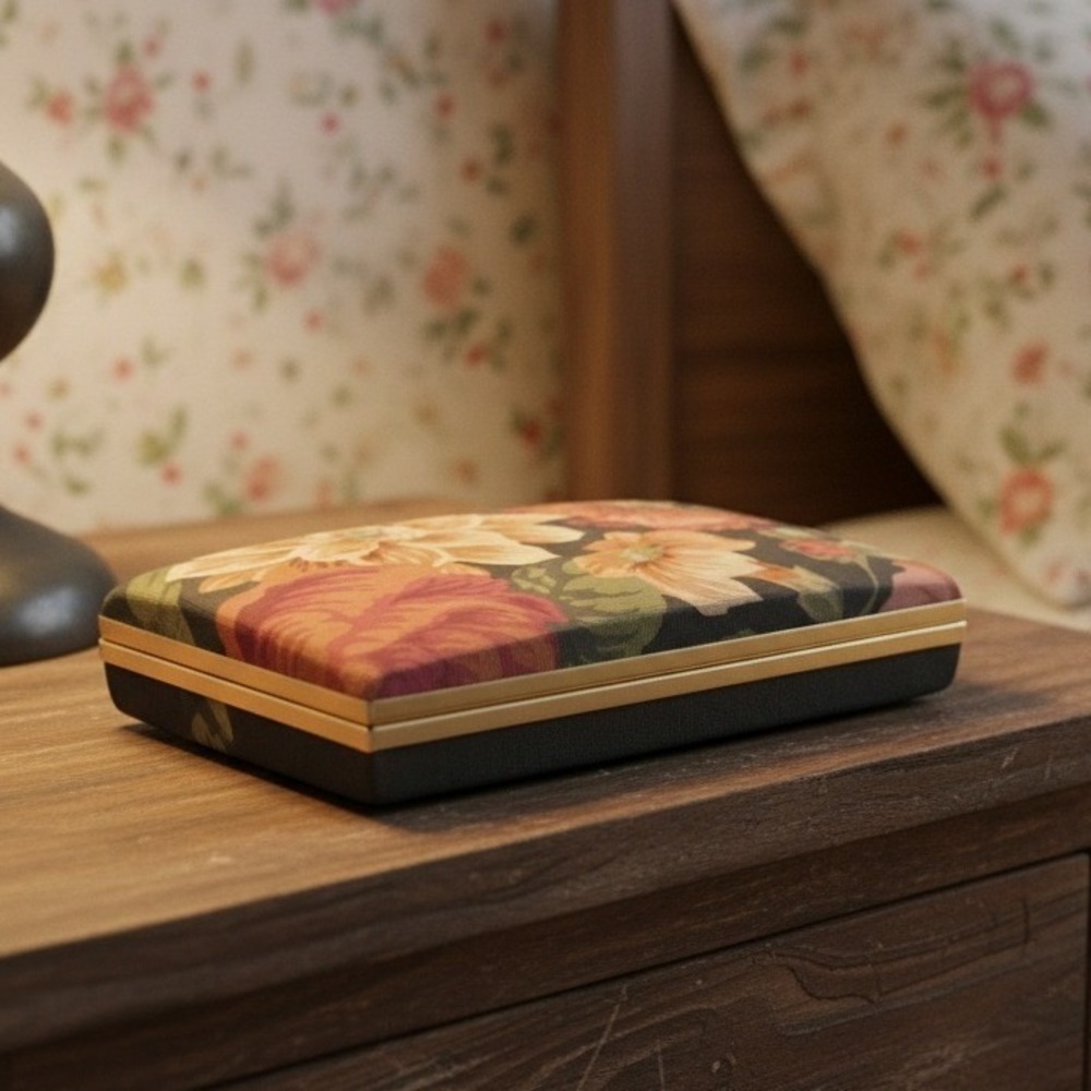 Floral Tapestry Jewelry Travel Case Mirror‎ Multi Compartment Gold Tone Vintage